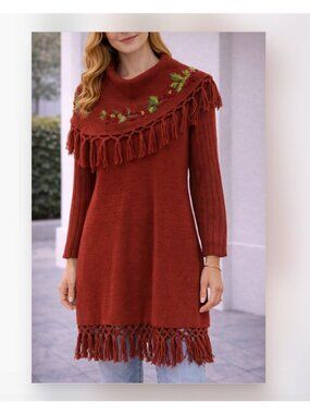 April Cornell Sweater Dress Womens Medium Red Knit Fringe Floral Boho